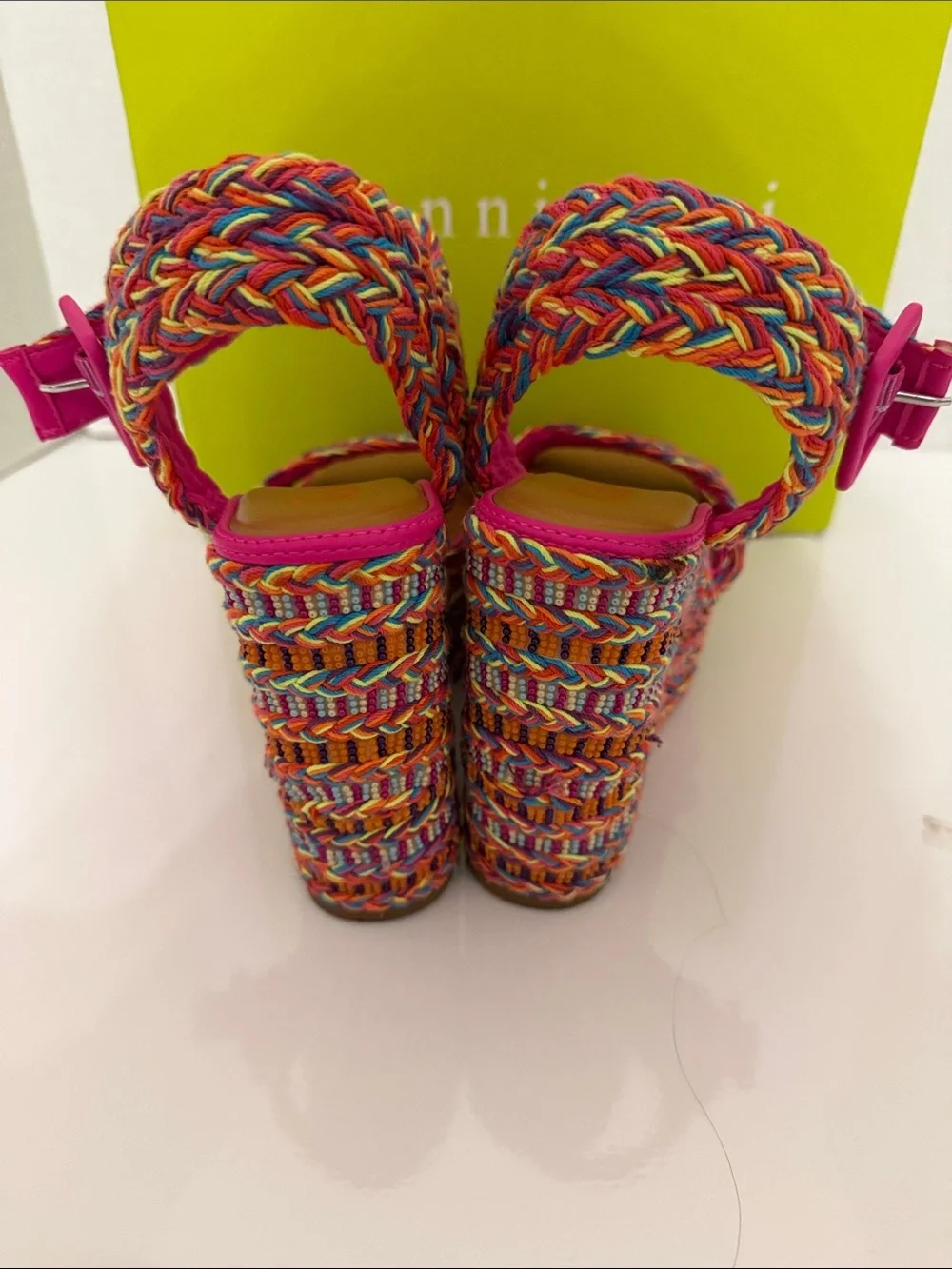 Gianni Bini Santi Multicolor Braided Wedge Sandals - Hot Pink Trim 6M